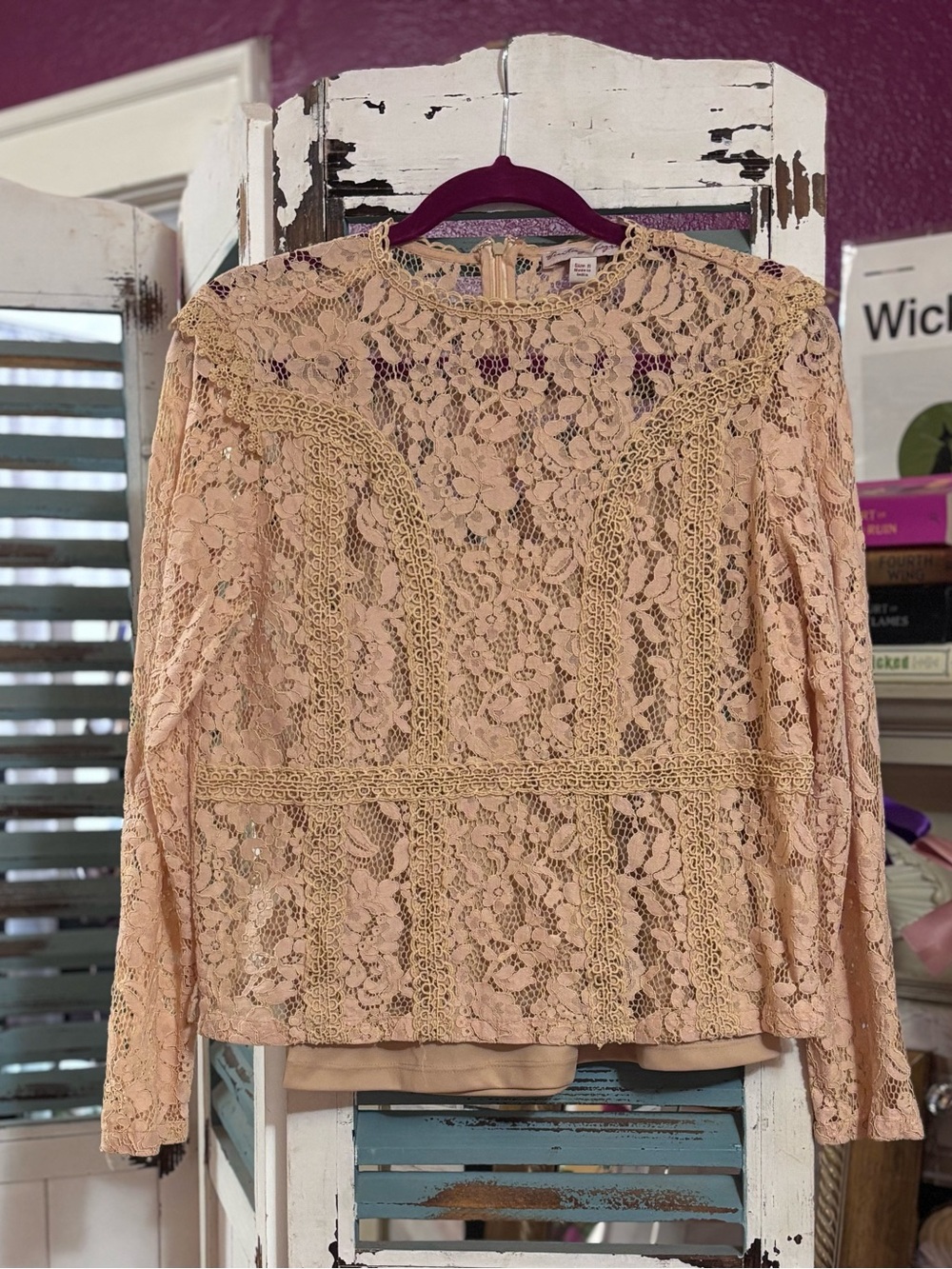 Vintage Kyra Blush Lace Long Sleeve Blouse Small